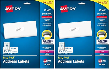 Avery Easy Peel Printable Address Labels with Sure Feed, 1" x 2 - 5/8", White, 300 Blank Mailing Labels (18160) (Pack of 2) | Address Labels - TrueDesk