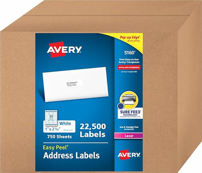 Avery Easy Peel Return Address Labels, 1" X 2 - 5/8" - 22,500 Blank White Mailing Labels for Shipping, Printing and More (5160) | Address Labels - TrueDesk