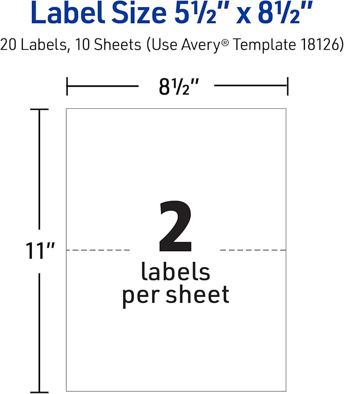 Avery Half - Sheet Printable Shipping Labels, 5.5" x 8.5" Customizable Stickers, White, 20 Blank Mailing Labels, Great for Mailing, Shipping, Organizing, and More (18126) | Laser Inkjet Printer Labels - TrueDesk