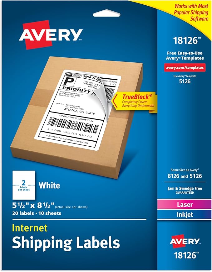 Avery Half - Sheet Printable Shipping Labels, 5.5" x 8.5" Customizable Stickers, White, 20 Blank Mailing Labels, Great for Mailing, Shipping, Organizing, and More (18126) | Laser Inkjet Printer Labels - TrueDesk