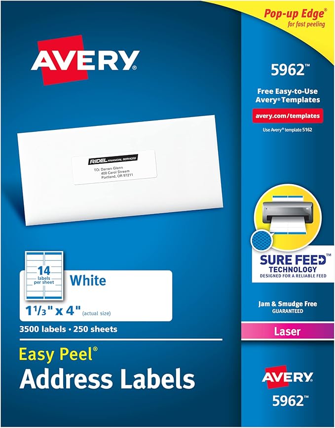 Avery Mailing Address Labels, Laser Printers, 3,500 Labels, 1 - 1/3 x 4, Permanent Adhesive, 2 Packs (5962) | Address Labels - TrueDesk