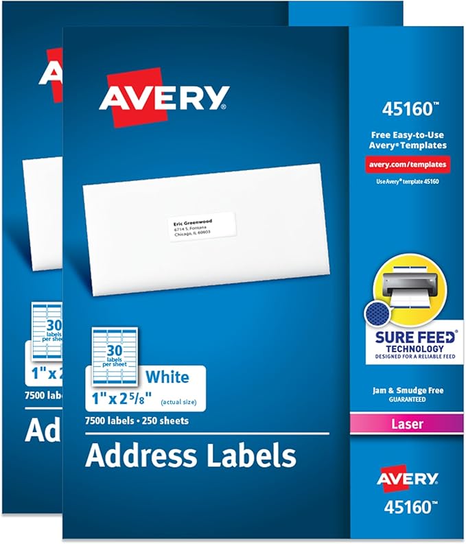 Avery Printable Address Labels with Sure Feed, 1" x 2 - 5/8" Customizable Stickers, White, 15,000 Blank Mailing Labels Total (2 - Pack of 45160) | Address Labels - TrueDesk