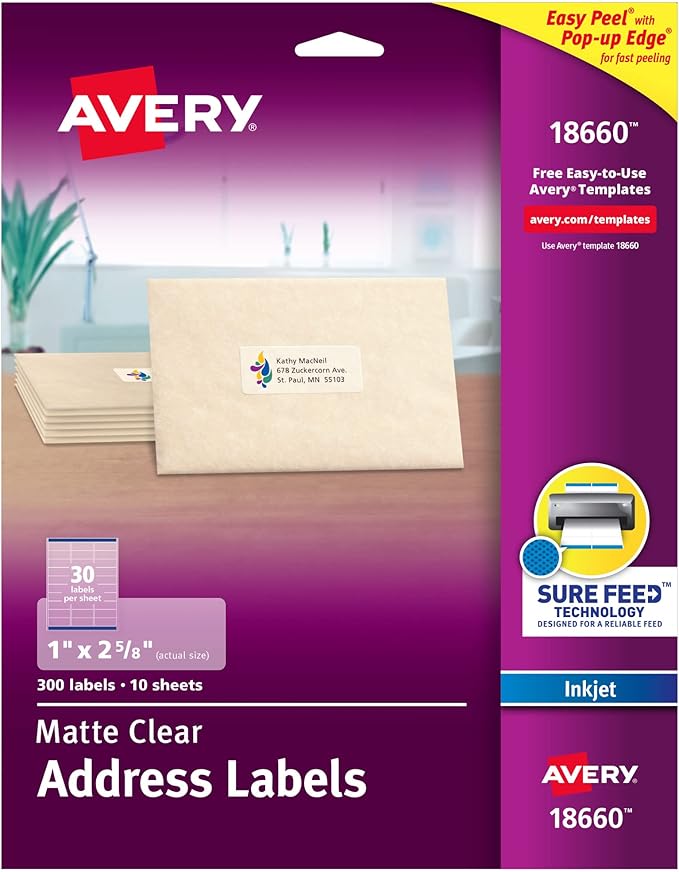 Avery Printable Address Labels with Sure Feed, 1" x 2 - 5/8", Matte Clear, 300 Blank Mailing Labels (18660) | Address Labels - TrueDesk