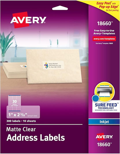 Avery Printable Address Labels with Sure Feed, 1" x 2 - 5/8", Matte Clear, 300 Blank Mailing Labels (18660) | Address Labels - TrueDesk
