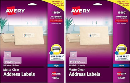 Avery Printable Address Labels with Sure Feed, 1" x 2 - 5/8", Matte Clear, 300 Blank Mailing Labels (18660) (Pack of 2) | Address Labels - TrueDesk