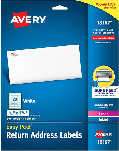 Avery Printable Return Address Labels with Sure Feed, 0.5" x 1.75", White, 800 Blank Mailing Labels (18167) | Address Labels - TrueDesk