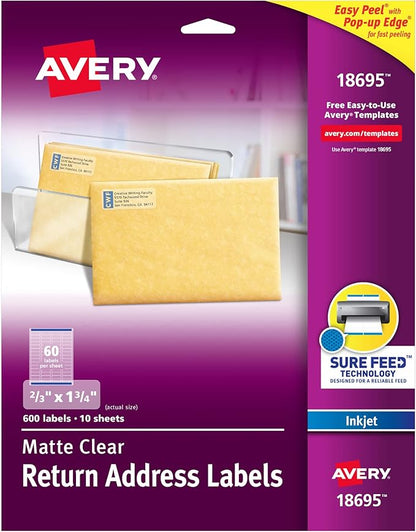 Avery Printable Return Address Labels with Sure Feed, 2/3" x 1 - 3/4", Matte Clear, 600 Blank Mailing Labels (18695) | Address Labels - TrueDesk