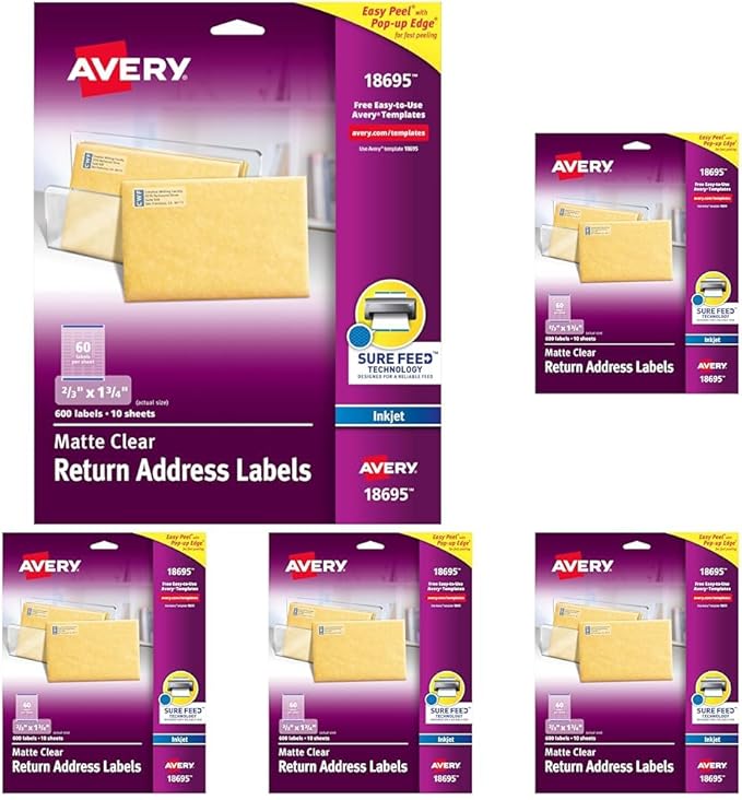 Avery Printable Return Address Labels with Sure Feed, 2/3" x 1 - 3/4", Matte Clear, 600 Blank Mailing Labels (18695) (Pack of 5) | Address Labels - TrueDesk