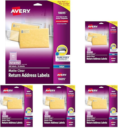Avery Printable Return Address Labels with Sure Feed, 2/3" x 1 - 3/4", Matte Clear, 600 Blank Mailing Labels (18695) (Pack of 5) | Address Labels - TrueDesk