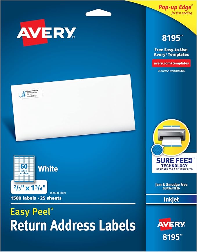 Avery Printable Return Address Labels with Sure Feed, 2/3" x 1 - 3/4", White, 1,500 Blank Mailing Labels (08195) | Address Labels - TrueDesk