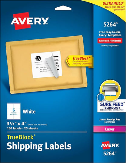 Avery Printable Shipping Labels with Sure Feed, 3 - 1/3" x 4", White, 150 Blank Mailing Labels (5264) | Laser Inkjet Printer Labels - TrueDesk