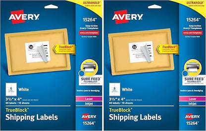 Avery Printable Shipping Labels with Sure Feed, 3 - 1/3" x 4", White, 60 Blank Mailing Labels (15264) (Pack of 2) | Laser Inkjet Printer Labels - TrueDesk