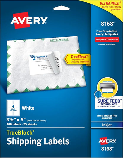 Avery Printable Shipping Labels with Sure Feed, 3.5" x 5", White, 100 Blank Mailing Labels (8168) | Laser Inkjet Printer Labels - TrueDesk