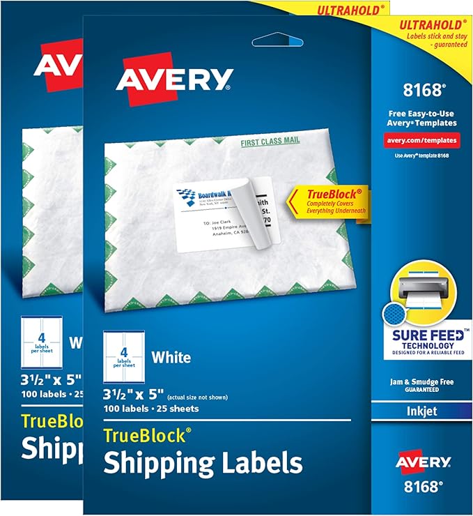 Avery Printable TrueBlock Shipping Labels, 3.5" x 5", Sure Feed, White, 2 Pack, 200 Labels Total (5640) | Laser Inkjet Printer Labels - TrueDesk
