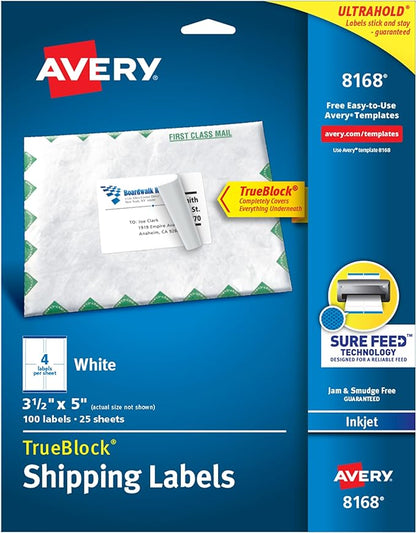 Avery Shipping Address Labels, Inkjet Printers, 100 Labels,3 - 1/2 x 5, Permanent Adhesive,White, 5 Packs (8168) | Laser Inkjet Printer Labels - TrueDesk