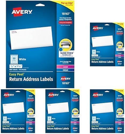 Avery White Return Address Labels | Printable | Sure Feed Technology | Permanent Adhesive | 800 Labels, Pack of 5 | Address Labels - TrueDesk