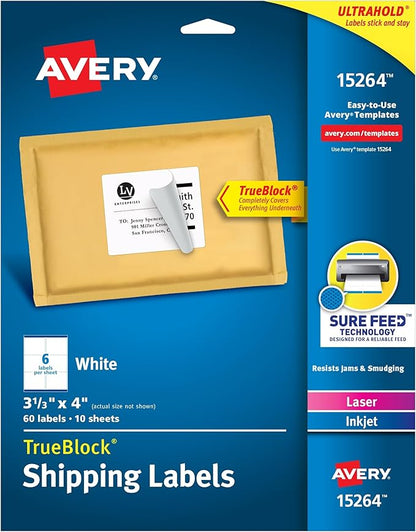 Avery White Shipping Labels | Sure Feed Technology | True Block | 3 - 1/3" x 4" | 60 Labels, Pack of 5 | Shipping Handling Labels - TrueDesk