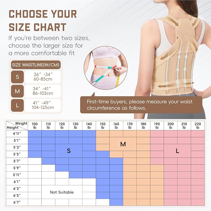 Back Brace Posture Corrector for Women & Men, Adjustable Shoulder Straightener with Full Back Support, Relief for Lower & Upper Back Pain, Hunchback & Scoliosis (Beige, Large) | Back Braces - TrueDesk