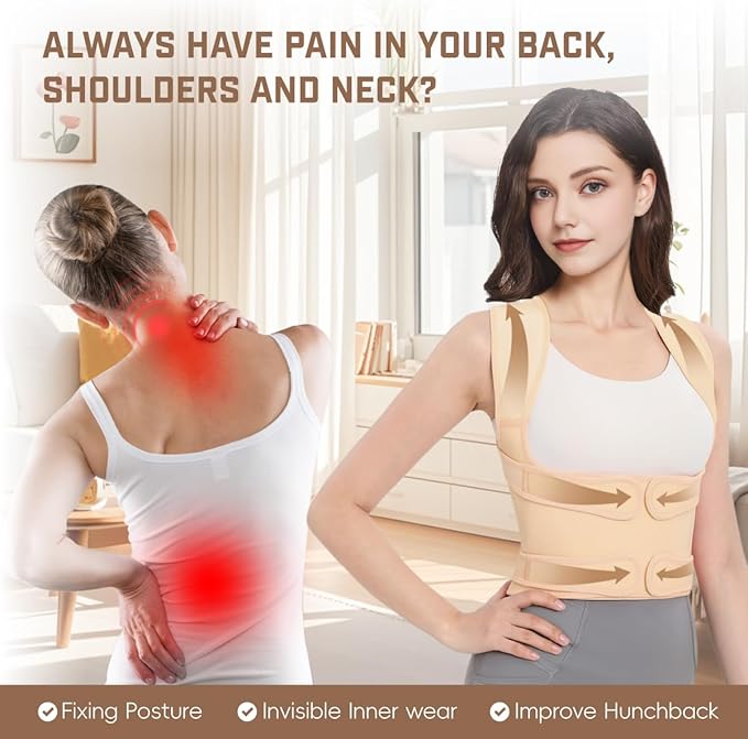 Back Brace Posture Corrector for Women & Men, Adjustable Shoulder Straightener with Full Back Support, Relief for Lower & Upper Back Pain, Hunchback & Scoliosis (Beige, Medium) | Back Braces - TrueDesk