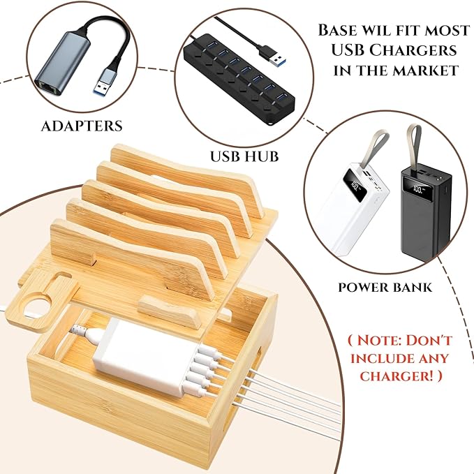 Bamboo Charging Station for Multi Devices, Small Desktop Docking Stand, Cell Phone Docking Station Charger Organizer for Tablets, Smart Watch (No USB Charger No Charging Cables) | Charging Stations - TrueDesk