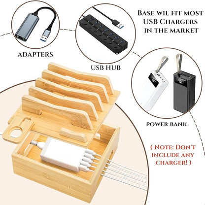 Bamboo Charging Station for Multi Devices, Small Desktop Docking Stand, Cell Phone Docking Station Charger Organizer for Tablets, Smart Watch (No USB Charger No Charging Cables) | Charging Stations - TrueDesk