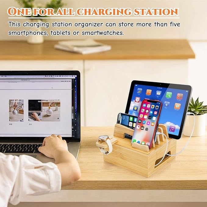 Bamboo Charging Station for Multi Devices, Small Desktop Docking Stand, Cell Phone Docking Station Charger Organizer for Tablets, Smart Watch (No USB Charger No Charging Cables) | Charging Stations - TrueDesk