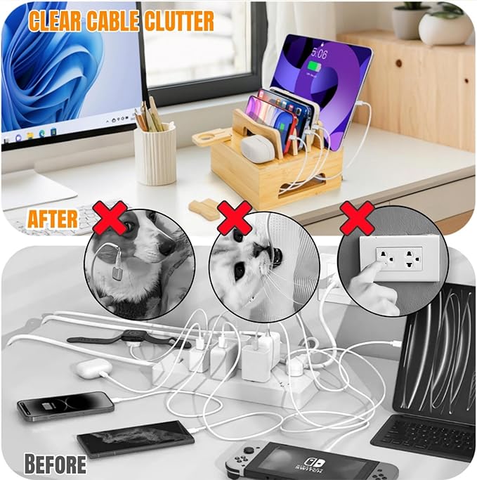 Bamboo Charging Station for Multi Devices, Small Desktop Docking Stand, Cell Phone Docking Station Charger Organizer for Tablets, Smart Watch (No USB Charger No Charging Cables) | Charging Stations - TrueDesk