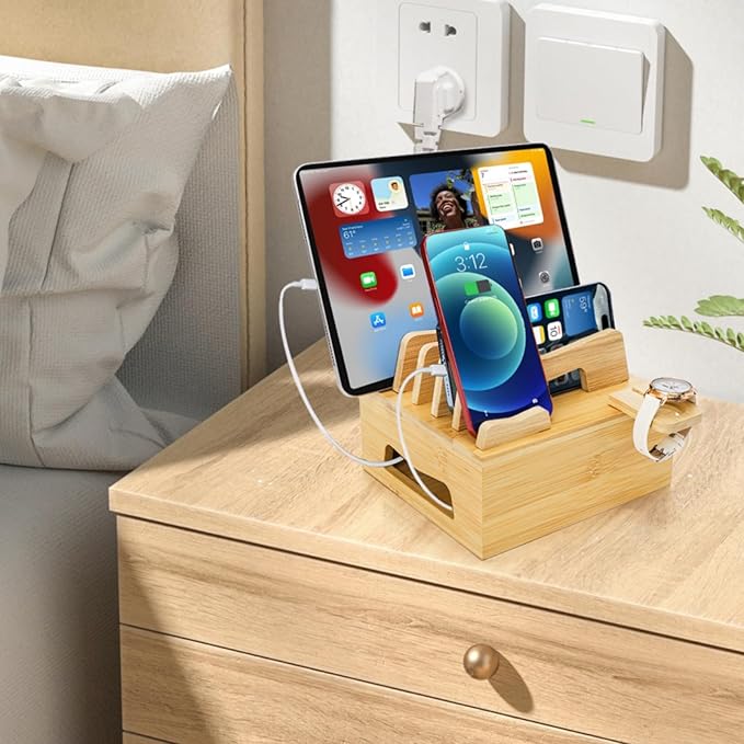 Bamboo Charging Station for Multi Devices, Small Desktop Docking Stand, Cell Phone Docking Station Charger Organizer for Tablets, Smart Watch (No USB Charger No Charging Cables) | Charging Stations - TrueDesk
