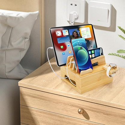 Bamboo Charging Station for Multi Devices, Small Desktop Docking Stand, Cell Phone Docking Station Charger Organizer for Tablets, Smart Watch (No USB Charger No Charging Cables) | Charging Stations - TrueDesk