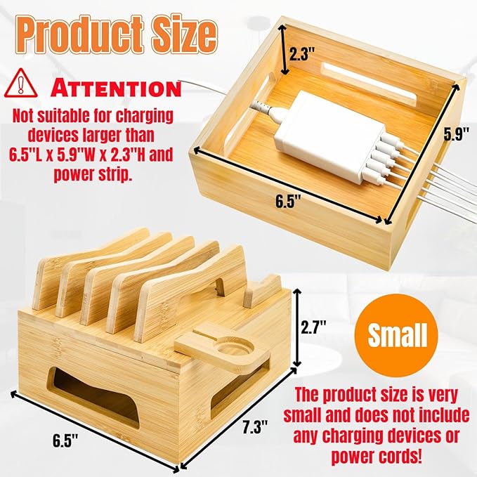 Bamboo Charging Station for Multi Devices, Small Desktop Docking Stand, Cell Phone Docking Station Charger Organizer for Tablets, Smart Watch (No USB Charger No Charging Cables) | Charging Stations - TrueDesk
