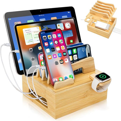 Bamboo Charging Station for Multi Devices, Small Desktop Docking Stand, Cell Phone Docking Station Charger Organizer for Tablets, Smart Watch (No USB Charger No Charging Cables) | Charging Stations - TrueDesk