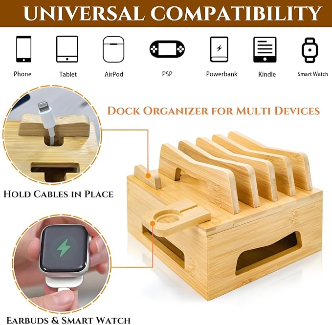 Bamboo Charging Station for Multi Devices, Small Desktop Docking Stand, Cell Phone Docking Station Charger Organizer for Tablets, Smart Watch (No USB Charger No Charging Cables) | Charging Stations - TrueDesk