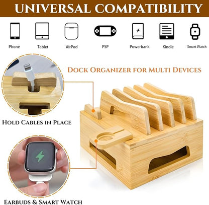Bamboo Charging Station for Multi Devices, Small Desktop Docking Stand, Cell Phone Docking Station Charger Organizer for Tablets, Smart Watch (No USB Charger No Charging Cables) | Charging Stations - TrueDesk