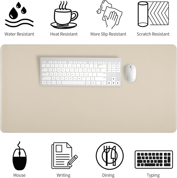 Beige Desk Mat with Stitched Edges, 31.5"×15.7" Keyboard Pad, Non - Slip Desk Protector Mat, Leather Desk Blotter, Waterproof Desk Pad for Office Home Decor | Desk Pads Blotters - TrueDesk