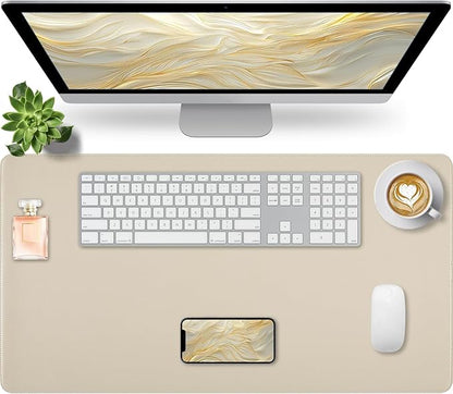 Beige Desk Mat with Stitched Edges, 31.5"×15.7" Keyboard Pad, Non - Slip Desk Protector Mat, Leather Desk Blotter, Waterproof Desk Pad for Office Home Decor | Desk Pads Blotters - TrueDesk