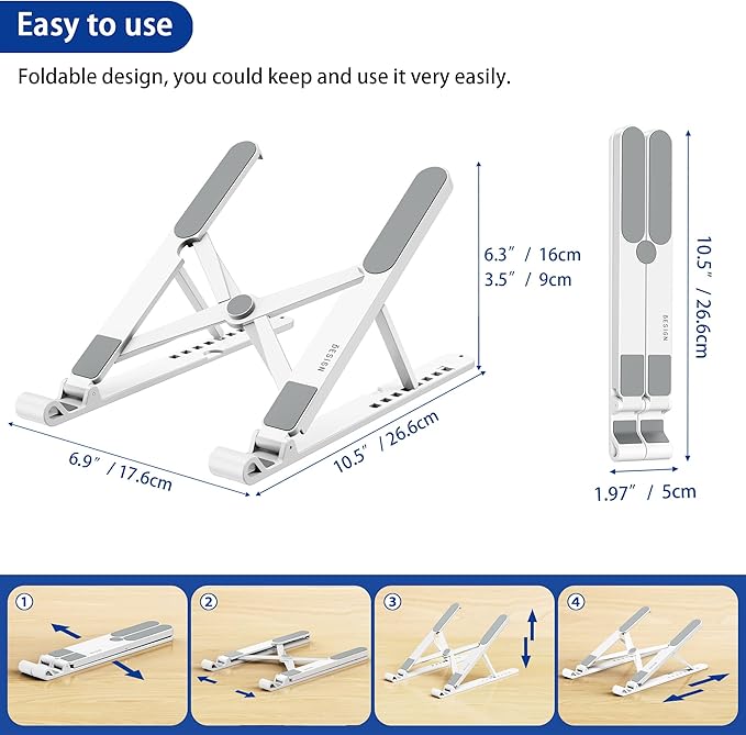BESIGN LS01 Pro Ergonomic Laptop Stand, Plastic Laptop Riser, Portable and Adjustable Notebook Computer Holder Compatible with 10 - 14" Laptops (White) | Stands - TrueDesk