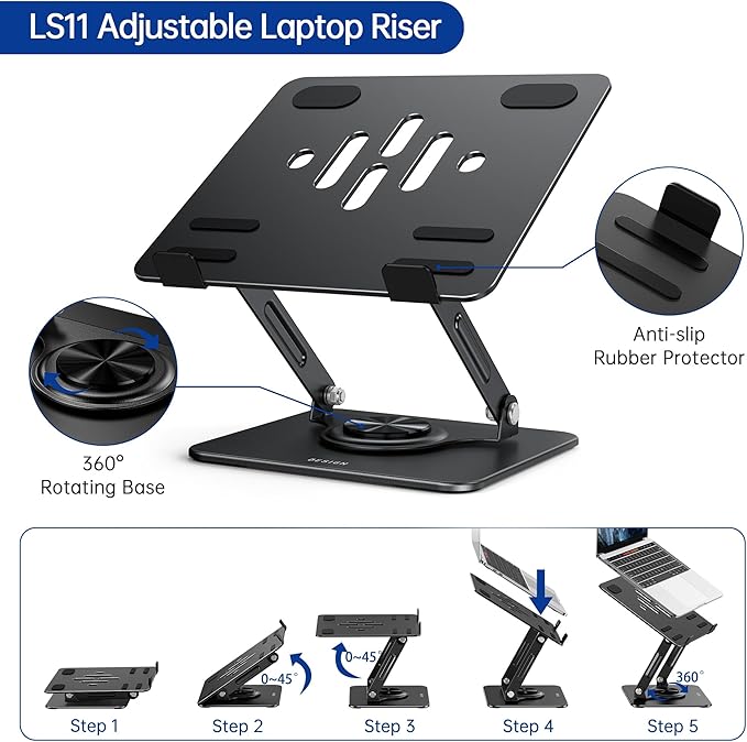 BESIGN LS11 Laptop Stand with 360° Rotating Base, Ergonomic Adjustable Notebook Riser, Foldable Computer Holder Compatible with 10 - 14" Laptops (Black) | Stands - TrueDesk