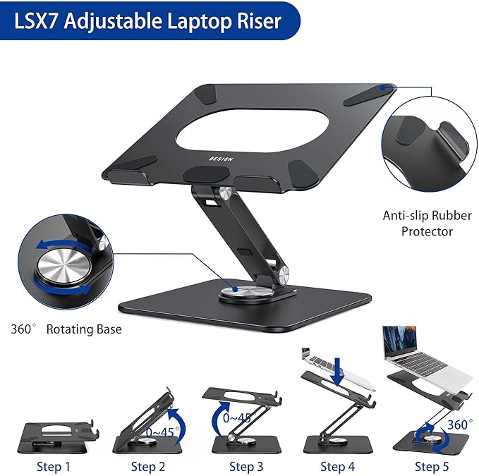 BESIGN LSX7 Laptop Stand with 360 Rotating Base, Ergonomic Adjustable Notebook Riser, Foldable Computer Holder Compatible with 10 - 15.6" Laptops (Black) | Stands - TrueDesk