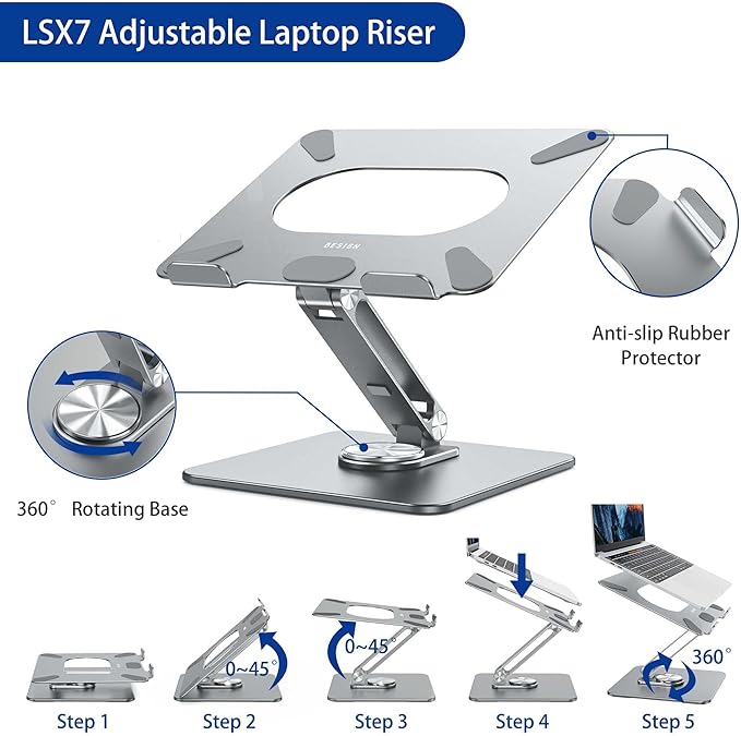 BESIGN LSX7 Laptop Stand with 360 Rotating Base, Ergonomic Adjustable Notebook Riser, Foldable Computer Holder Compatible with 10 - 15.6" Laptops (Gray) | Stands - TrueDesk
