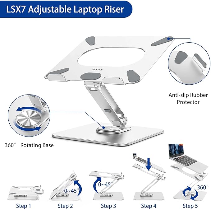 BESIGN LSX7 Laptop Stand with 360 Rotating Base, Ergonomic Adjustable Notebook Riser, Foldable Computer Holder Compatible with 10 - 15.6" Laptops (Silver) | Stands - TrueDesk