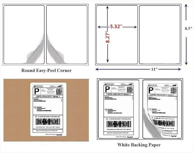 BESTEASY 1000 Round Corner Half Sheet Self Adhesive Shipping Labels for Laser and Ink Jet Printers, White Blank (500 Sheets, 1000 Labels) | Laser Inkjet Printer Labels - TrueDesk