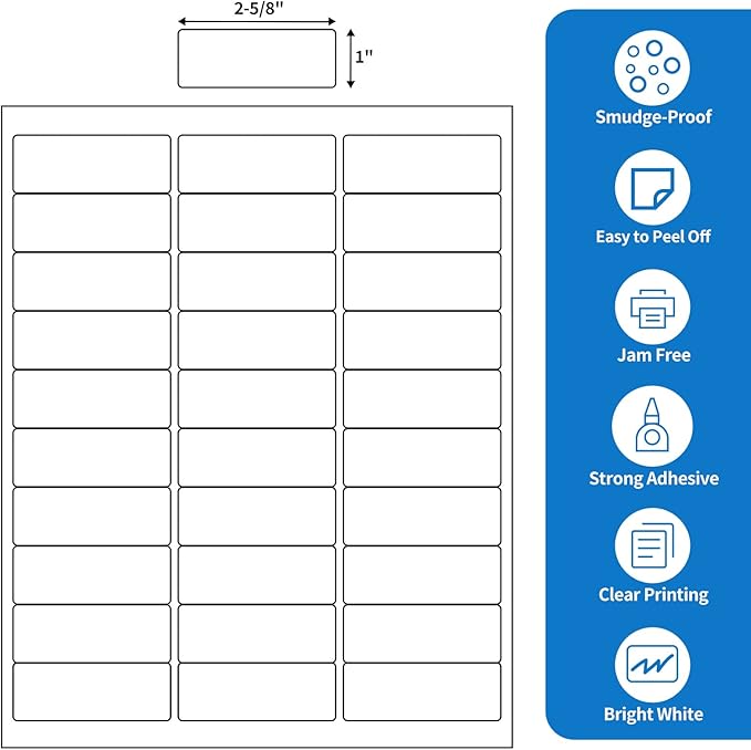 BESTEASY 30 - up 100 Sheets 1" X 2 - 5/8" Address Shipping Labels for Laser and Inkjet Printers, FBA Product Labels (3000 Labels) | Laser Inkjet Printer Labels - TrueDesk