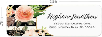 Black and White Stripe Floral Rolled Address Labels/Roll of 500 Personalized Return Address Labels/Designer Return Address Stickers in Elegant Plastic Dispenser | Address Labels - TrueDesk