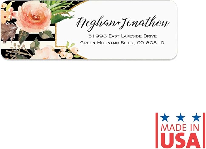 Black and White Stripe Floral Rolled Address Labels/Roll of 500 Personalized Return Address Labels/Designer Return Address Stickers in Elegant Plastic Dispenser | Address Labels - TrueDesk