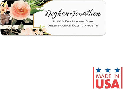 Black and White Stripe Floral Rolled Address Labels/Roll of 500 Personalized Return Address Labels/Designer Return Address Stickers in Elegant Plastic Dispenser | Address Labels - TrueDesk