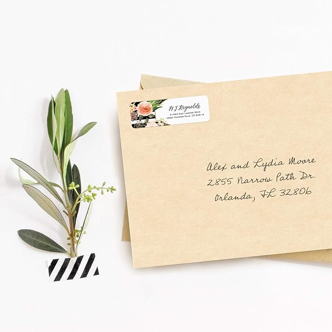Black and White Stripe Floral Rolled Address Labels/Roll of 500 Personalized Return Address Labels/Designer Return Address Stickers in Elegant Plastic Dispenser | Address Labels - TrueDesk