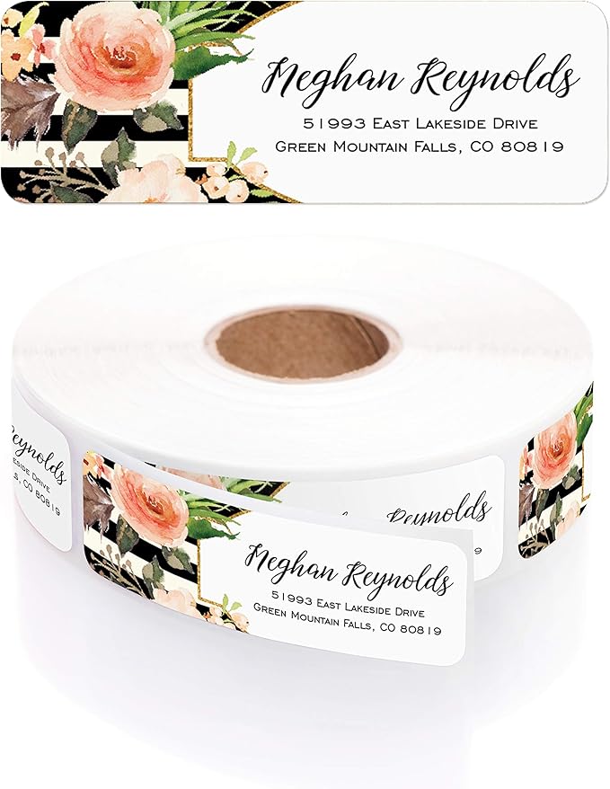 Black and White Stripe Floral Rolled Address Labels/Roll of 500 Personalized Return Address Labels/Designer Return Address Stickers in Elegant Plastic Dispenser | Address Labels - TrueDesk