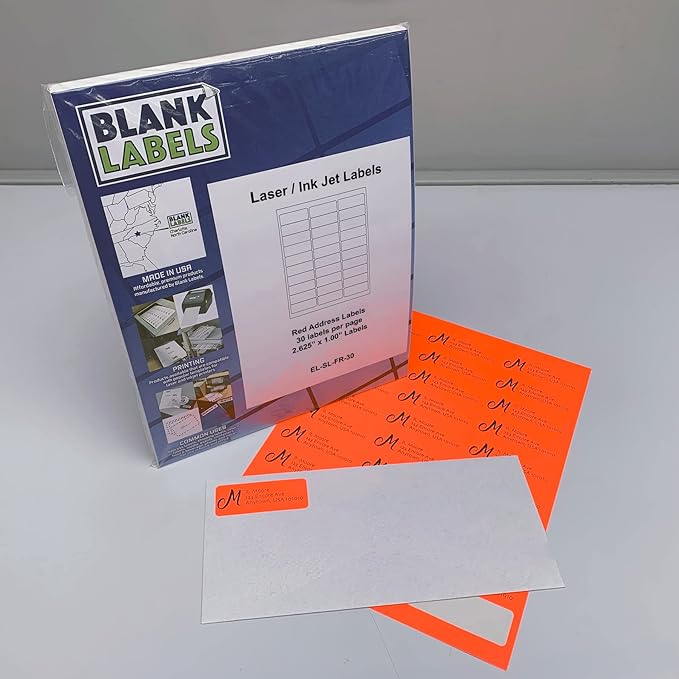 Blanks Labels Fluorescent Safety Red FBA & Mailing Labels from Blank Labels - 2 - 5/8" x 1" (2.625 x 1) - 30 Labels Per Sheet | Address Labels - TrueDesk