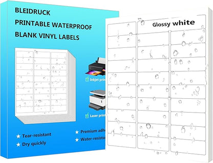 Bleidruck 1" x 2 - 5/8" Waterproof Shipping Labels, 30 up Printable Glossy White Mailing Address Labels, 20 Sheets 600 Labels Stickers Vinyl Sticker Paper Dries Quickly for Inkjet Printer | Laser Inkjet Printer Labels - TrueDesk