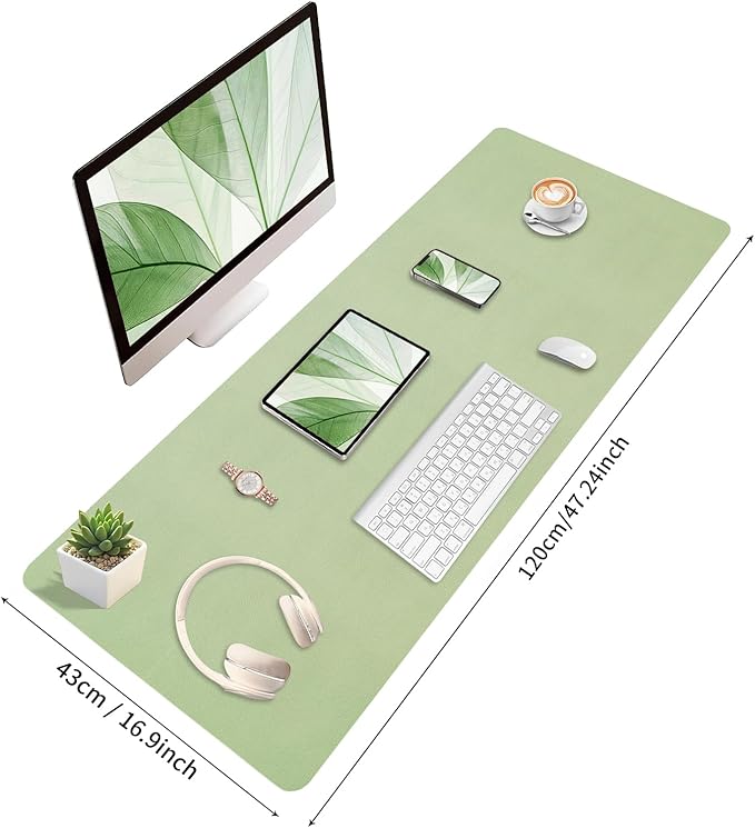 Bloss 47.2" x 16.9" Large Desk Mat, Leather Mouse Keyboard Pad, Non - Slip Writing Pad, Desk Protector for Office, Home - Light Green | Mouse Pads - TrueDesk